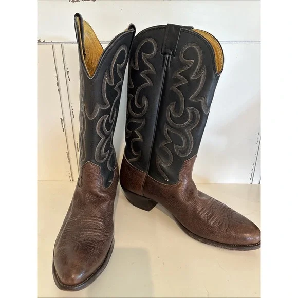 Vtg Nocona Black Brown Leather Western‎ Cowboy Leather Boots Mens SZ 12 B USA